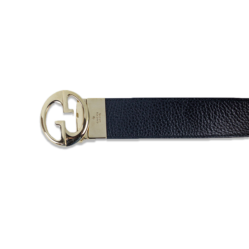 Gucci Reversible Red/Black Grained Leather Gold GG Buckle Belt