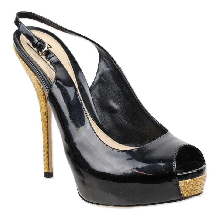 Gucci Sofia Black Patent Leather Slingback Peep-Toe Platform Pump with Woven Straw Detail