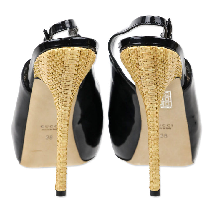 Gucci Sofia Black Patent Leather Slingback Peep-Toe Platform Pump with Woven Straw Detail