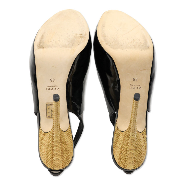 Gucci Sofia Black Patent Leather Slingback Peep-Toe Platform Pump with Woven Straw Detail