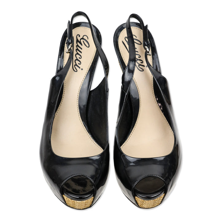 Gucci Sofia Black Patent Leather Slingback Peep-Toe Platform Pump with Woven Straw Detail