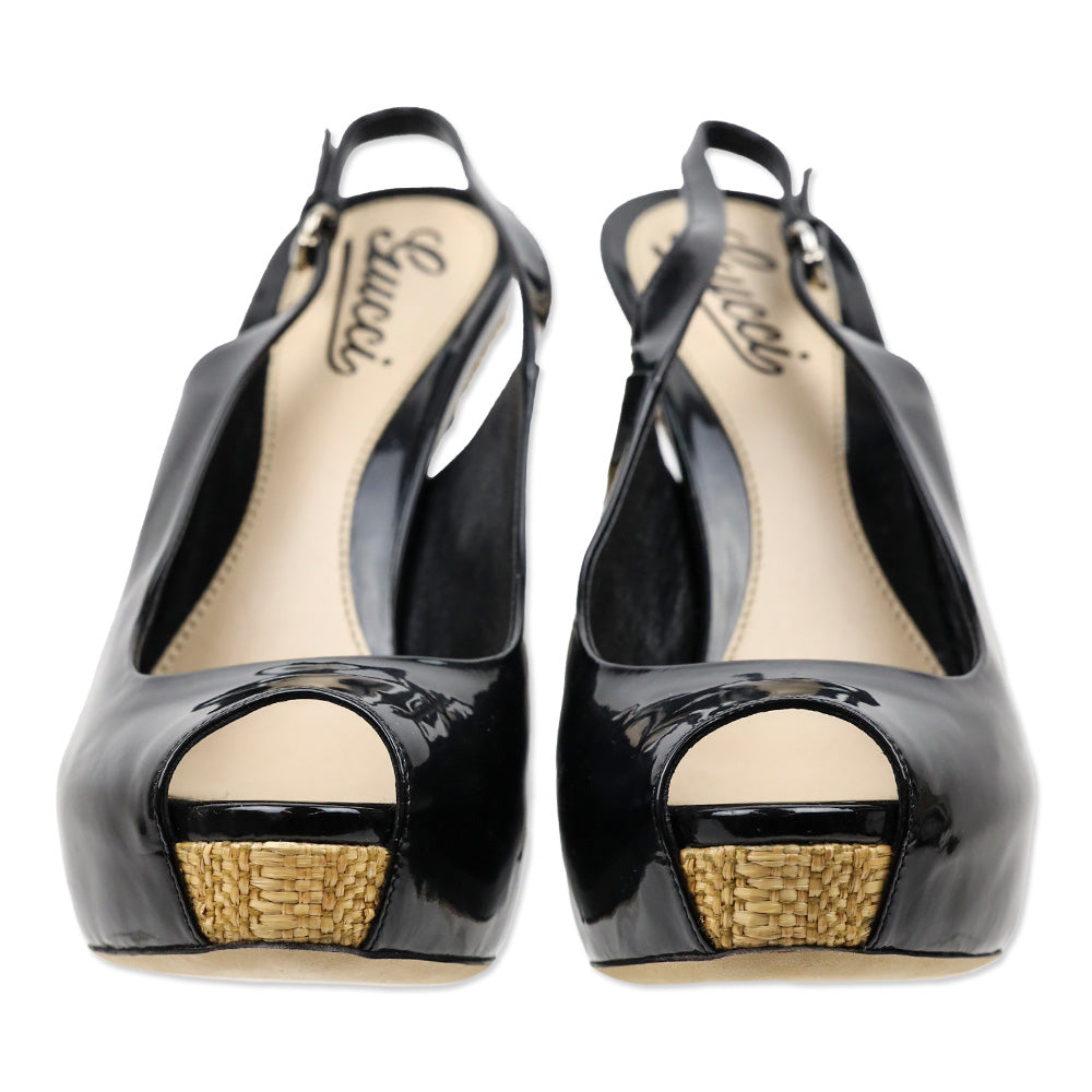 Gucci Sofia Black Patent Leather Slingback Peep-Toe Platform Pump with Woven Straw Detail