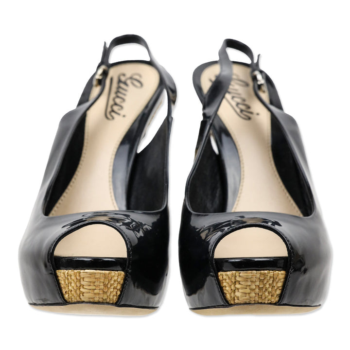 Gucci Sofia Black Patent Leather Slingback Peep-Toe Platform Pump with Woven Straw Detail