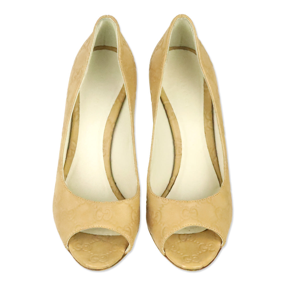 Gucci Tan Guccissima Embossed Leather Peep Toe Pumps