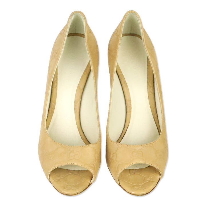 Gucci Tan Guccissima Embossed Leather Peep Toe Pumps