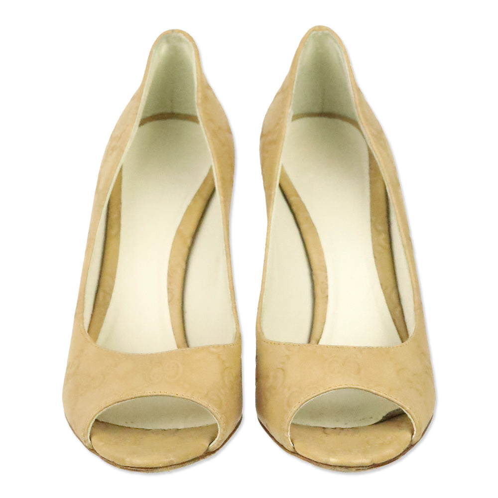 Gucci Tan Guccissima Embossed Leather Peep Toe Pumps