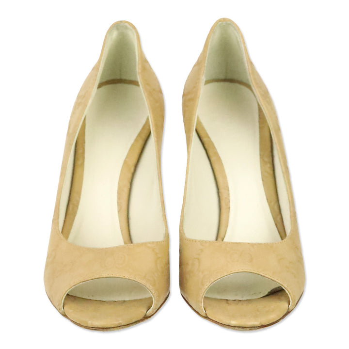 Gucci Tan Guccissima Embossed Leather Peep Toe Pumps