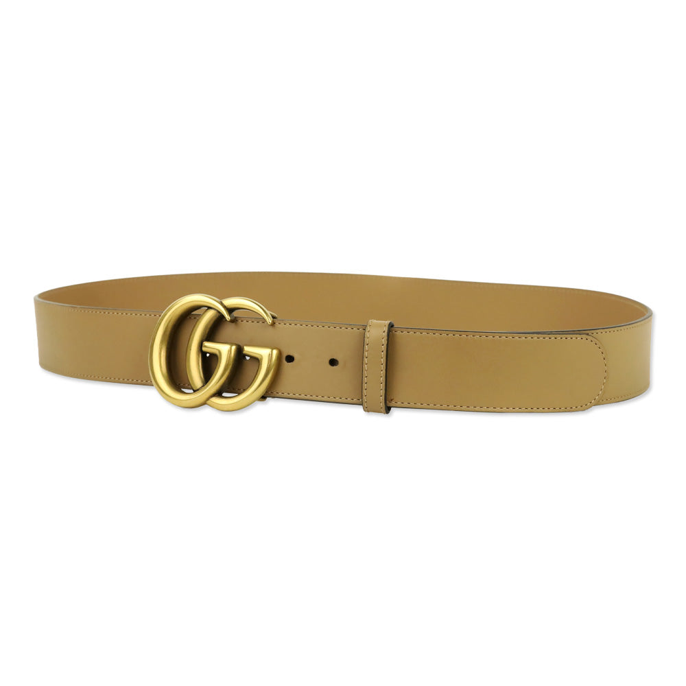 Gucci Tan Leather Antique Gold GG Marmont Belt