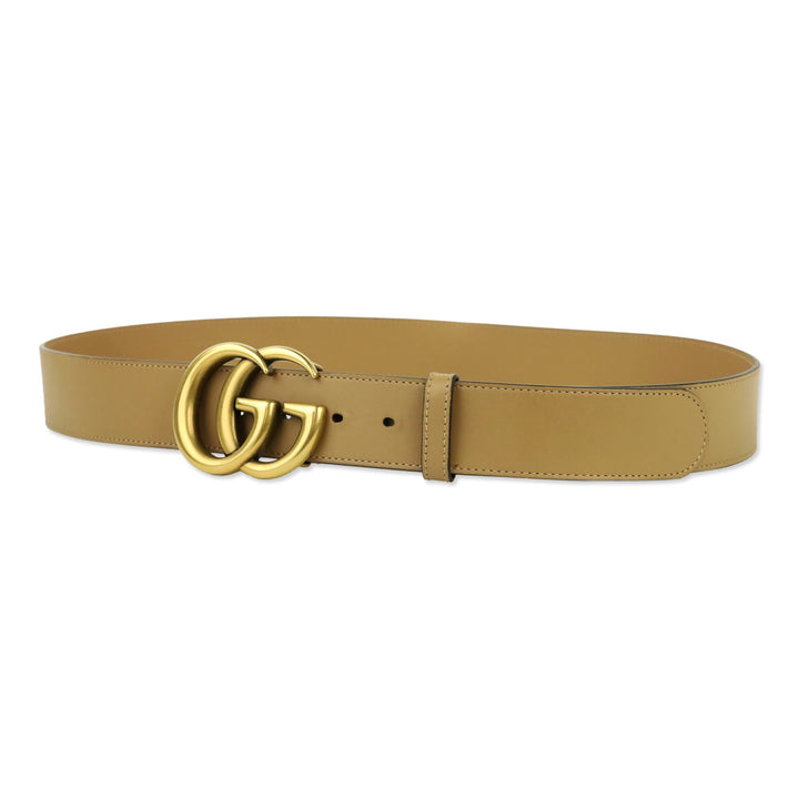 Gucci Tan Leather Antique Gold GG Marmont Belt
