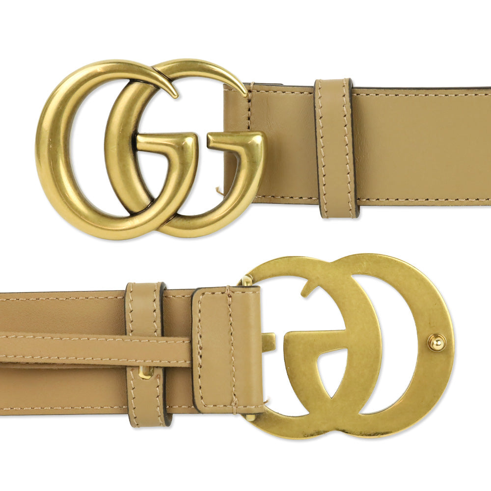 Gucci Tan Leather Antique Gold GG Marmont Belt