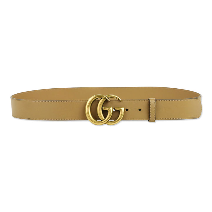 Gucci Tan Leather Antique Gold GG Marmont Belt