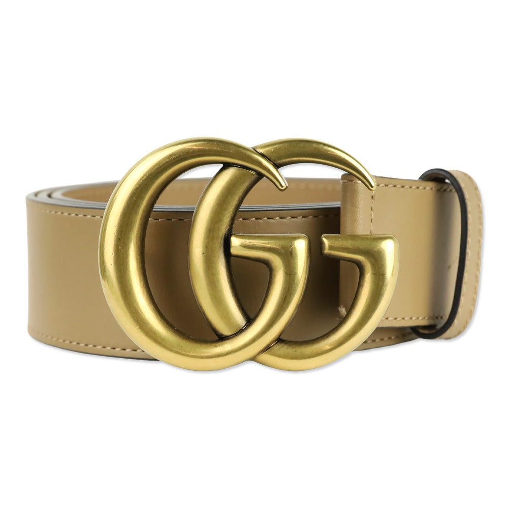 Gucci Tan Leather Antique Gold GG Marmont Belt