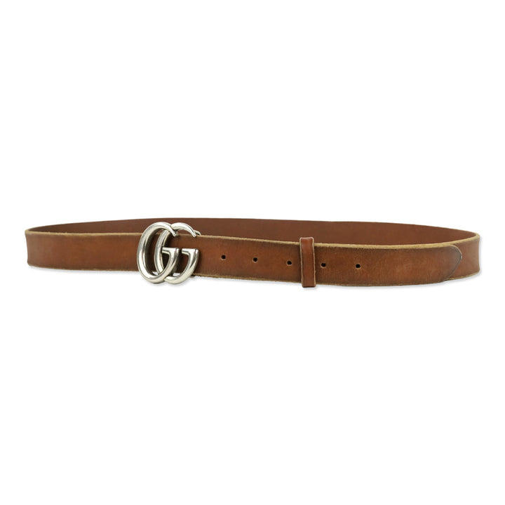 Gucci Unfinished Faded Brown Leather Silver GG Marmont Thin Belt