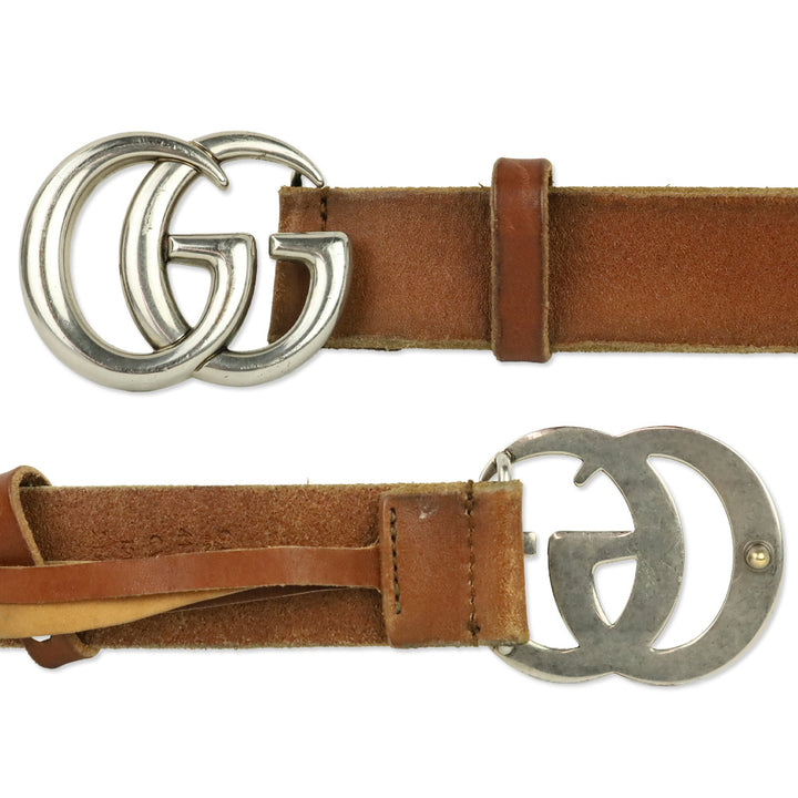 Gucci Unfinished Faded Brown Leather Silver GG Marmont Thin Belt