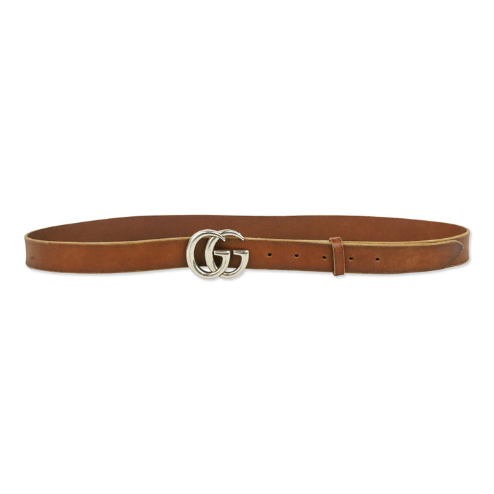 Gucci Unfinished Faded Brown Leather Silver GG Marmont Thin Belt