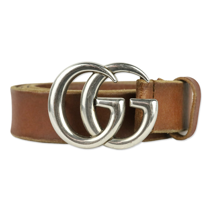 Gucci Unfinished Faded Brown Leather Silver GG Marmont Thin Belt