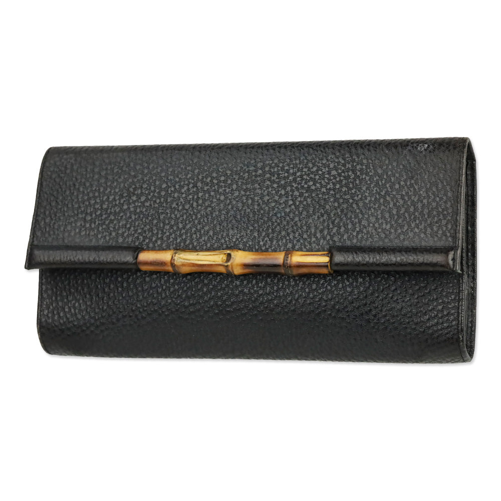 Gucci Vintage Black Grained Leather Bamboo Flap Clutch