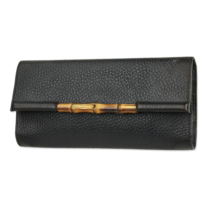 Gucci Vintage Black Grained Leather Bamboo Flap Clutch