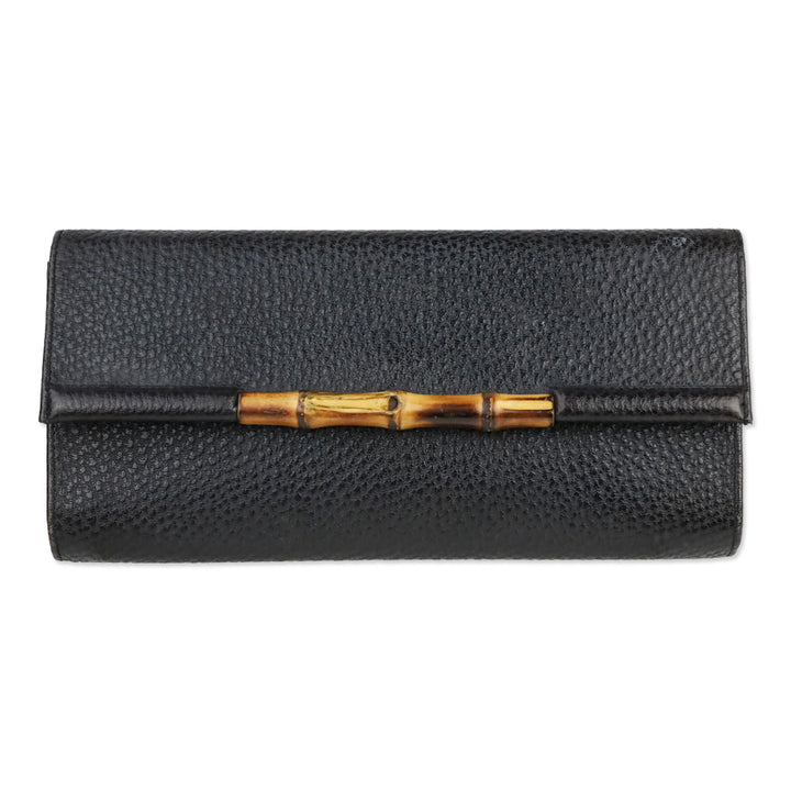 Gucci Vintage Black Grained Leather Bamboo Flap Clutch