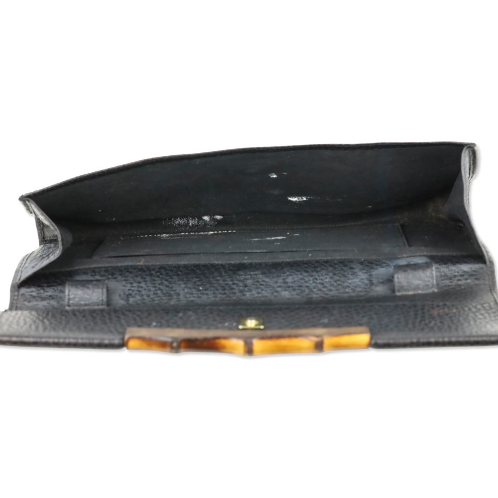 Gucci Vintage Black Grained Leather Bamboo Flap Clutch