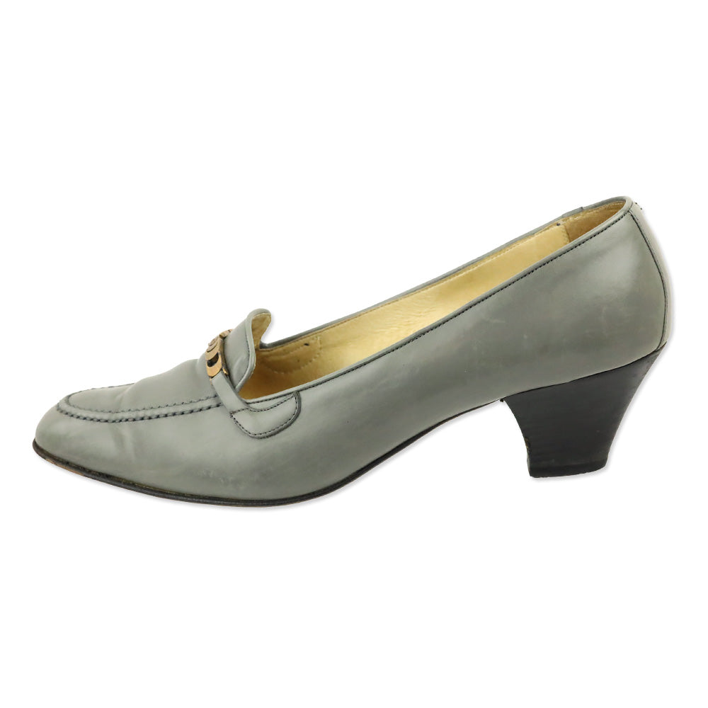 Gucci Vintage Grey Leather Gold Buckle Loafer Pump