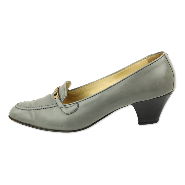 Gucci Vintage Grey Leather Gold Buckle Loafer Pump