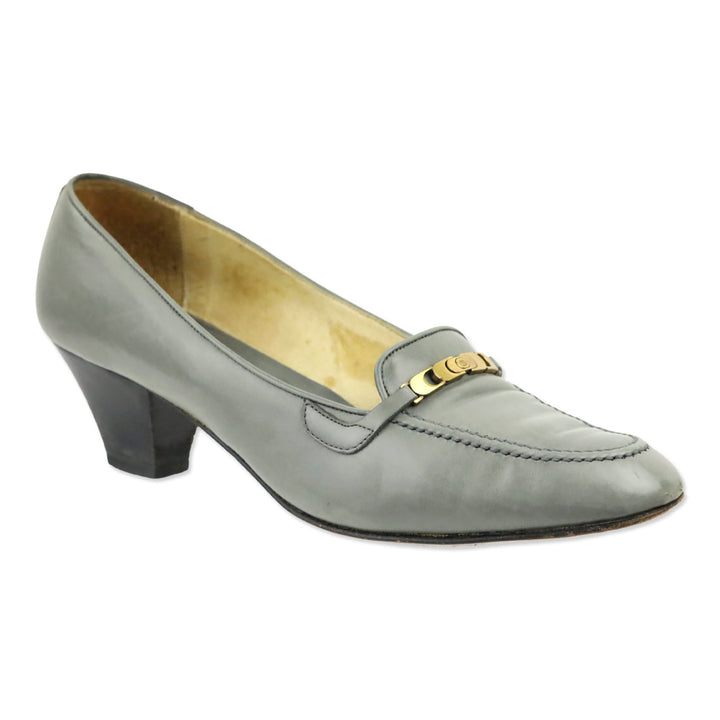 Gucci Vintage Grey Leather Gold Buckle Loafer Pump