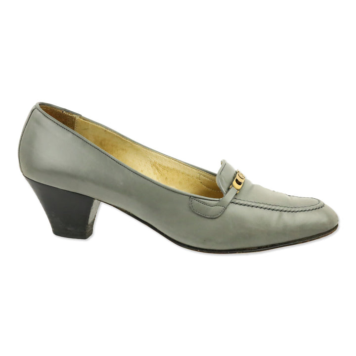 Gucci Vintage Grey Leather Gold Buckle Loafer Pump