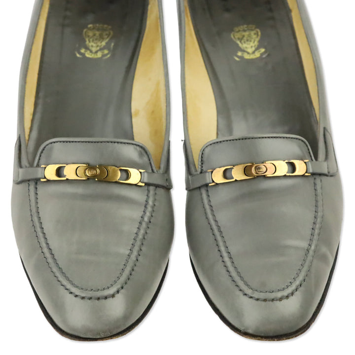 Gucci Vintage Grey Leather Gold Buckle Loafer Pump