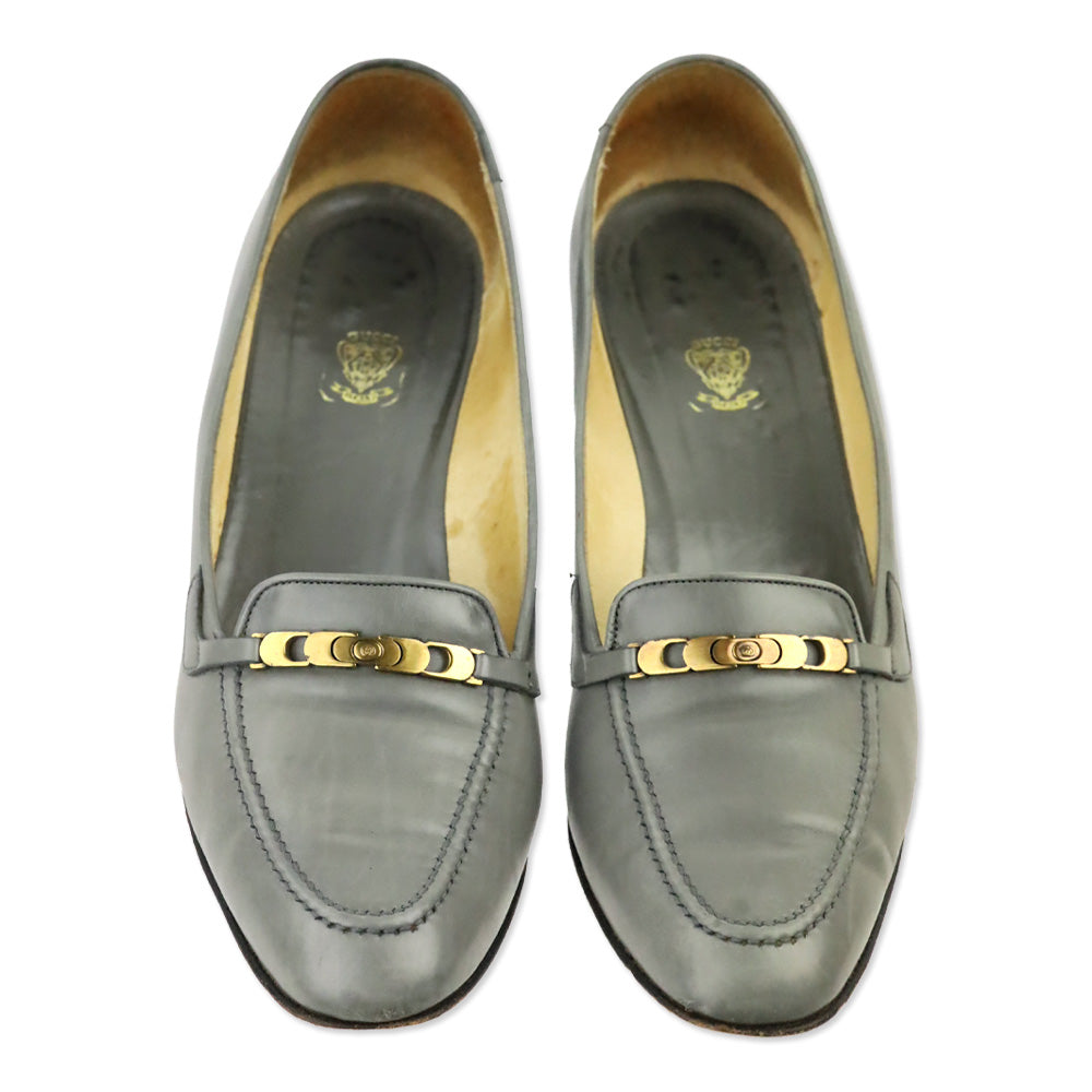 Gucci Vintage Grey Leather Gold Buckle Loafer Pump