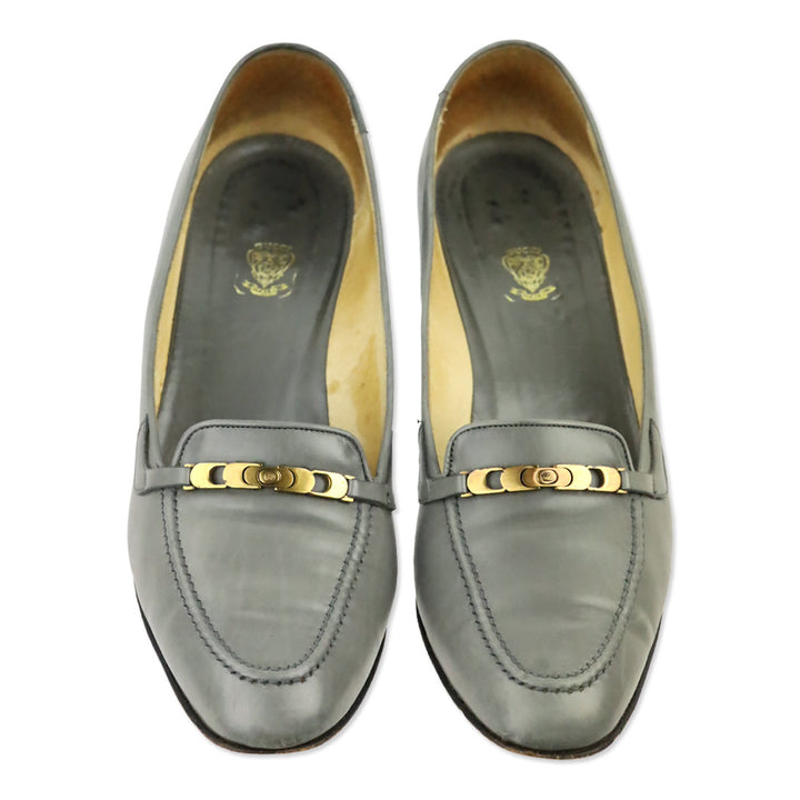 Gucci Vintage Grey Leather Gold Buckle Loafer Pump