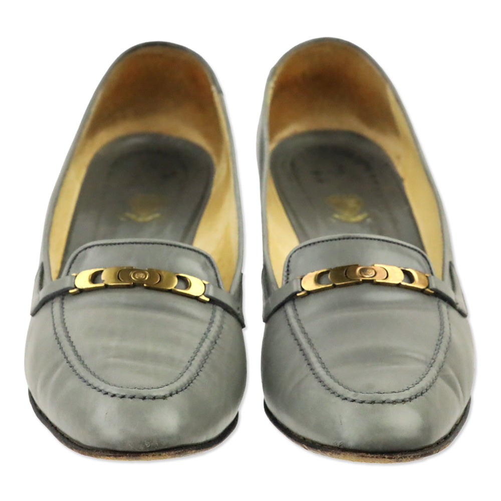 Gucci Vintage Grey Leather Gold Buckle Loafer Pump