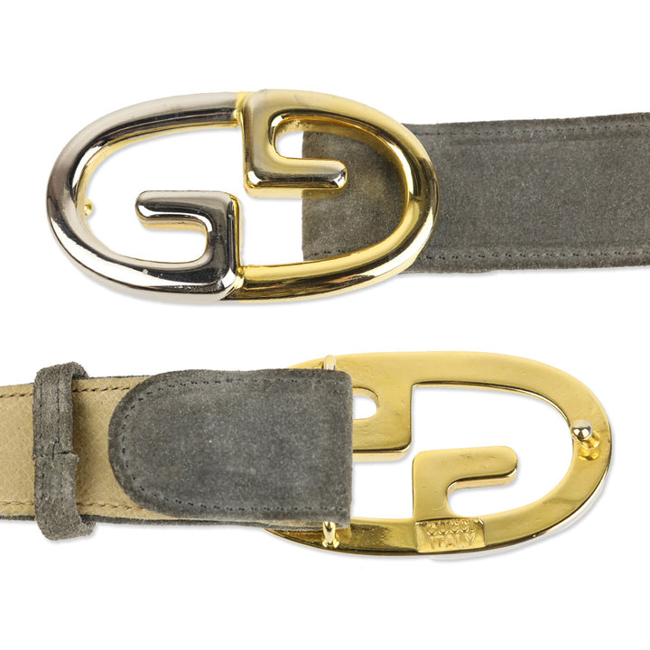 Gucci Vintage Grey Suede Two-Tone GG Buckle Logo Belt