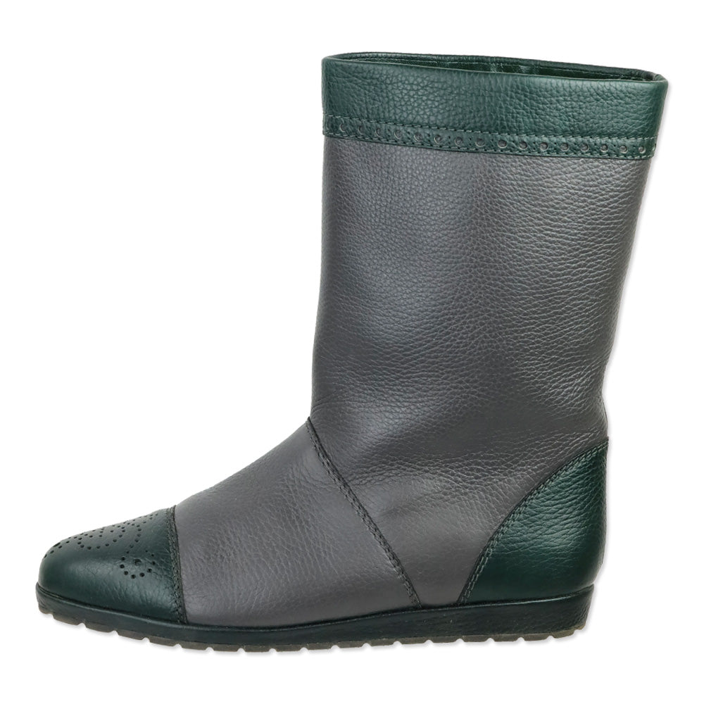 Gucci Vintage Grey/Green Grained Leather Brouge Calf Boots