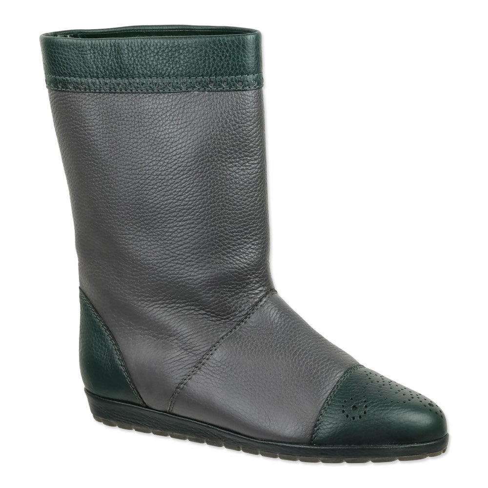 Gucci Vintage Grey/Green Grained Leather Brouge Calf Boots