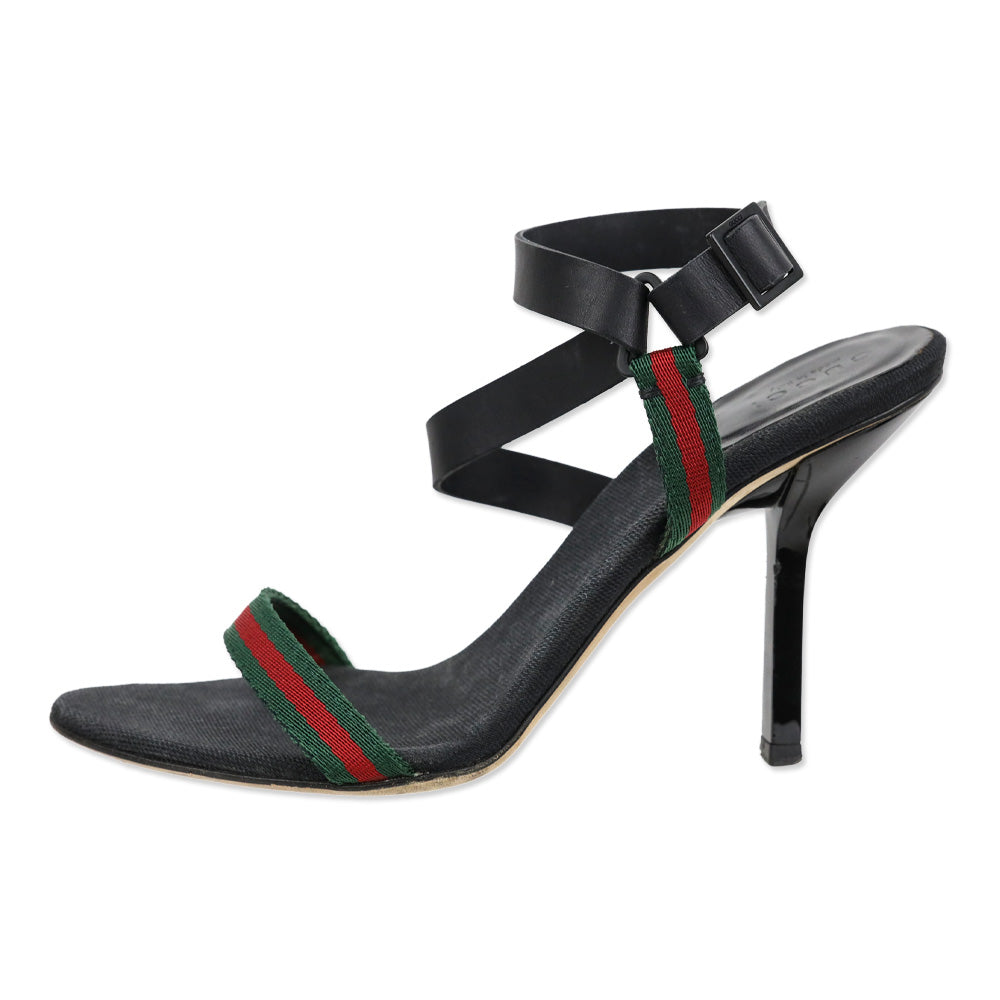 Gucci Web Canvas/Black Leather Ankle-Strap Sandals