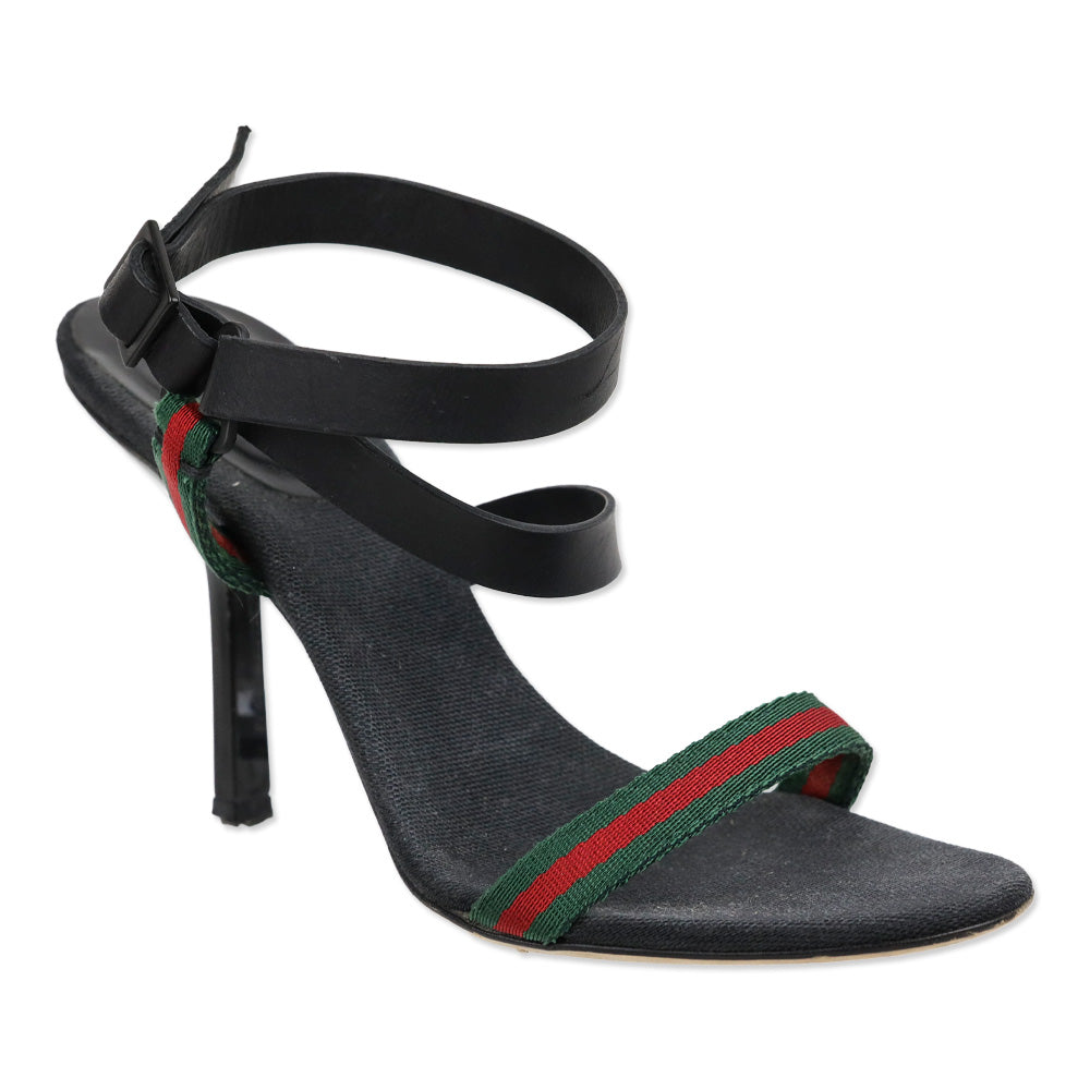 Gucci Web Canvas/Black Leather Ankle-Strap Sandals