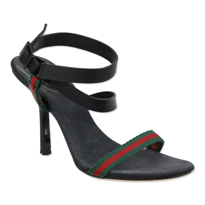 Gucci Web Canvas/Black Leather Ankle-Strap Sandals