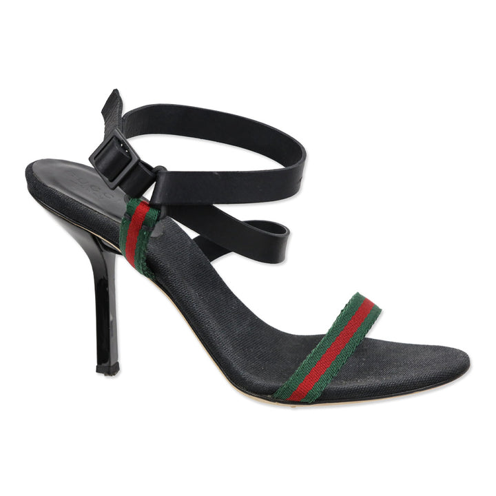 Gucci Web Canvas/Black Leather Ankle-Strap Sandals