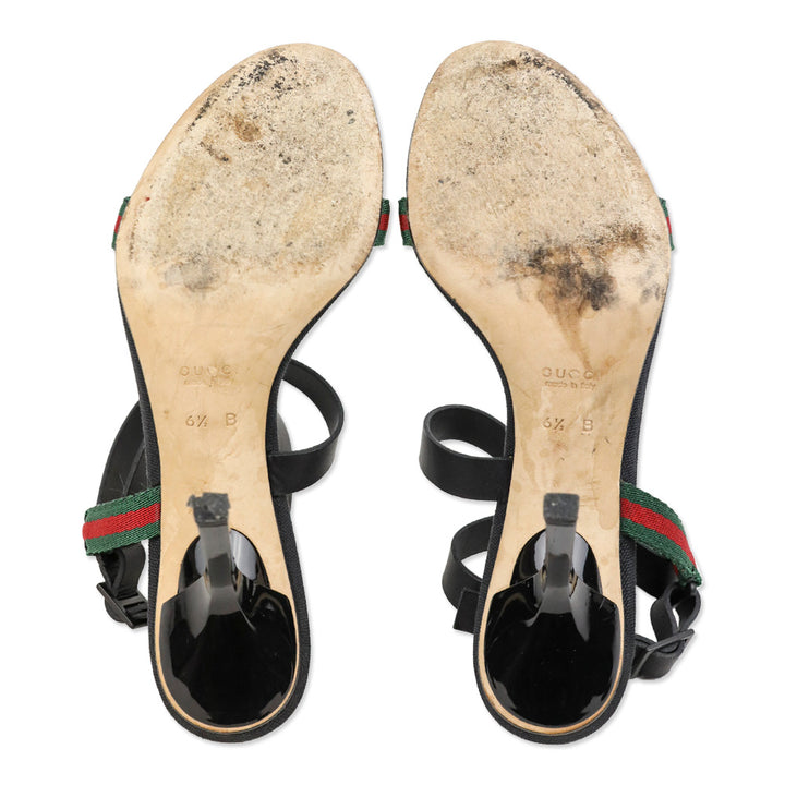 Gucci Web Canvas/Black Leather Ankle-Strap Sandals
