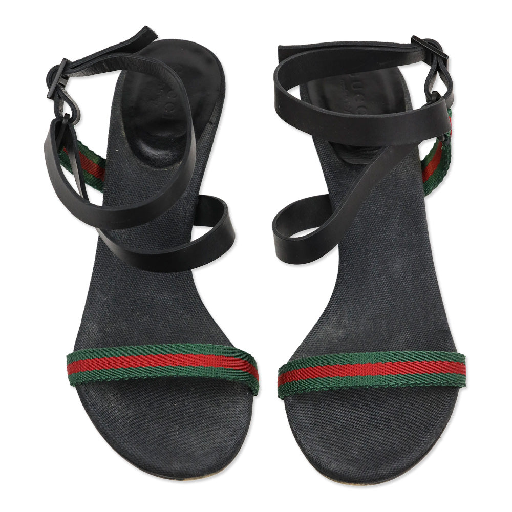 Gucci Web Canvas/Black Leather Ankle-Strap Sandals