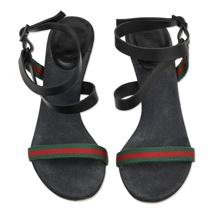 Gucci Web Canvas/Black Leather Ankle-Strap Sandals