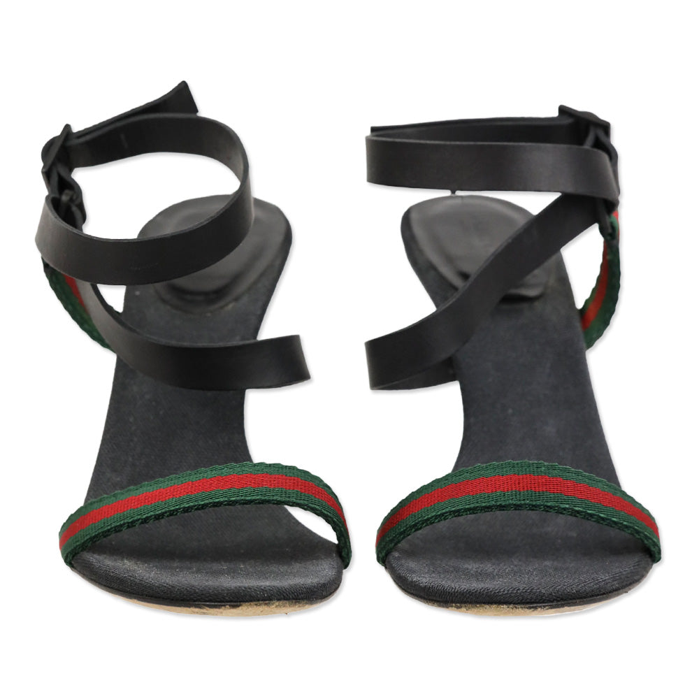 Gucci Web Canvas/Black Leather Ankle-Strap Sandals