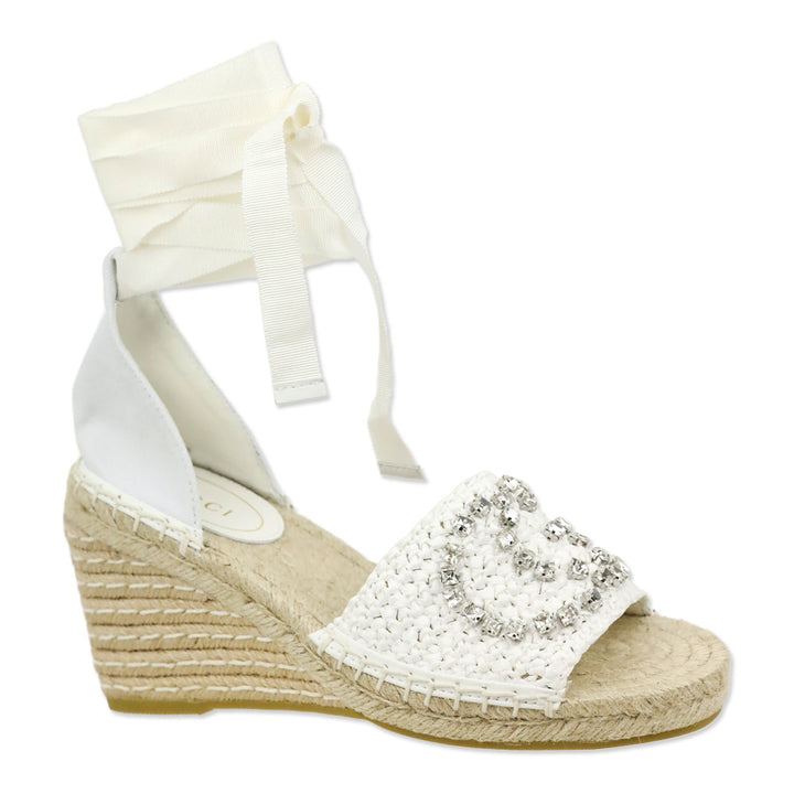 Gucci White Cora Crystal Interlocking G Espadrille Wedge Sandal
