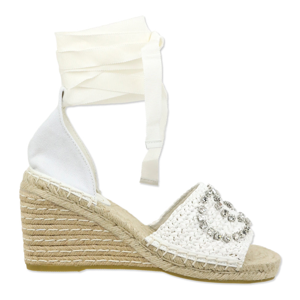 Gucci White Cora Crystal Interlocking G Espadrille Wedge Sandal