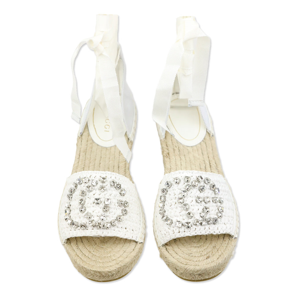 Gucci White Cora Crystal Interlocking G Espadrille Wedge Sandal