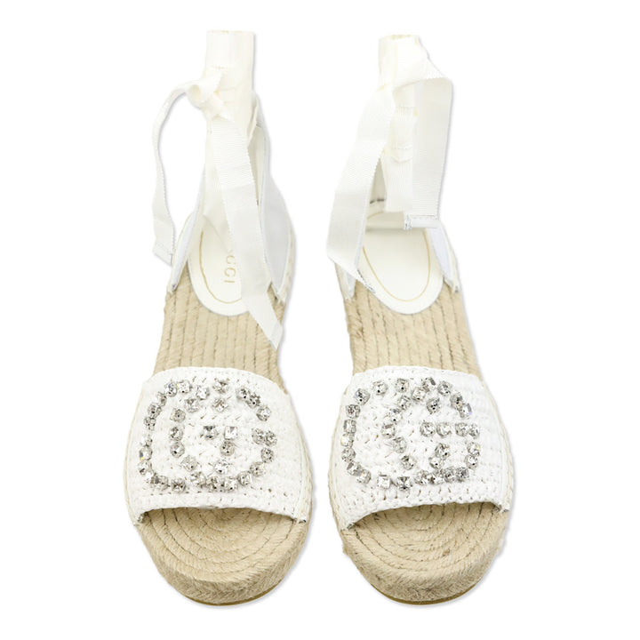Gucci White Cora Crystal Interlocking G Espadrille Wedge Sandal