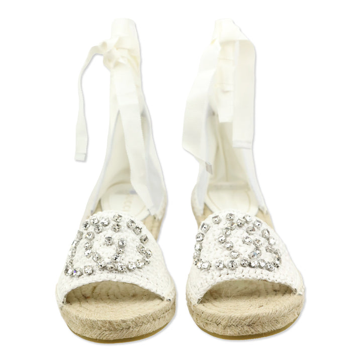 Gucci White Cora Crystal Interlocking G Espadrille Wedge Sandal