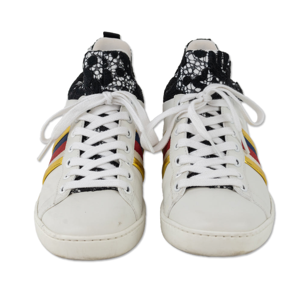 Gucci White Leather Lace Sylvie Web Accent Low-Top Sneakers