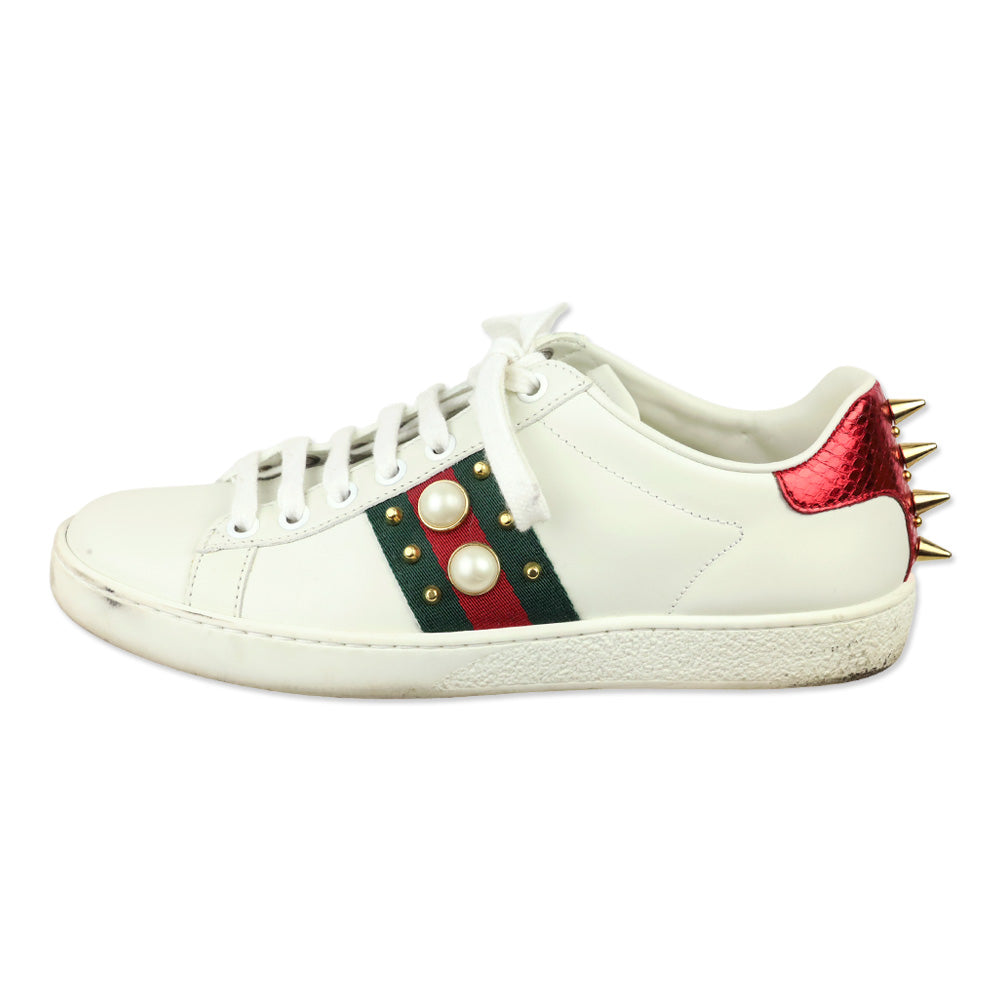 Gucci White Leather Web Ace Faux Pearl Studded Low-Top Sneakers